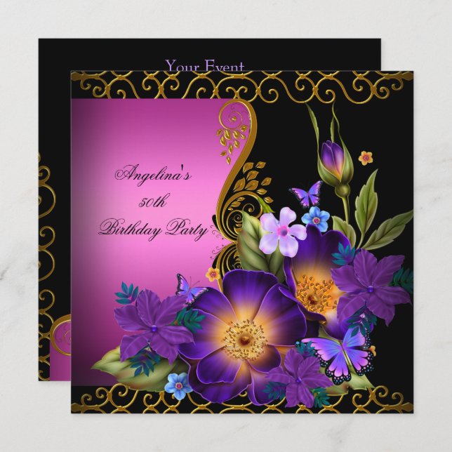 Convite Festa de aniversário Dourada rosa púrpura, cor-de- (Frente/Verso)