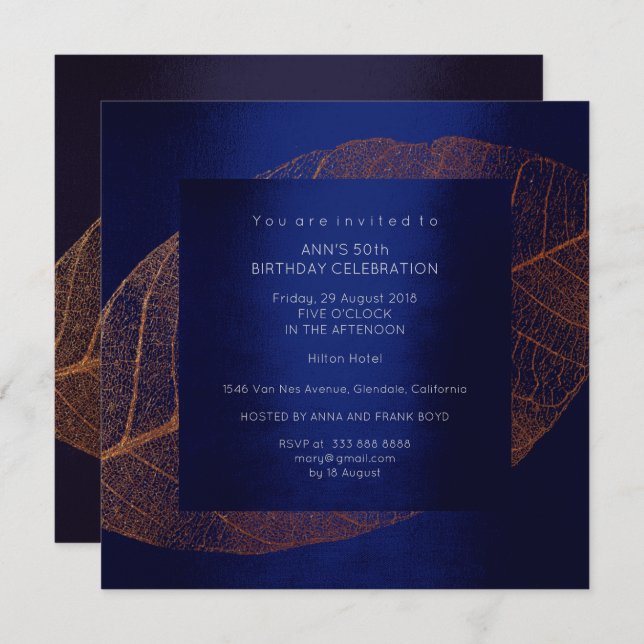 Convite Festa de aniversário Dourada Rosa Rosa Azul (Frente/Verso)