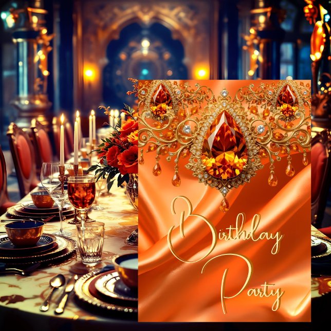 Convite Festa de aniversário Dourada Seda Laranja (Criador carregado)