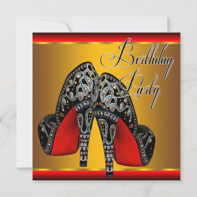 Convite Festa de aniversário Dourada Vermelha Elegante (Frente)