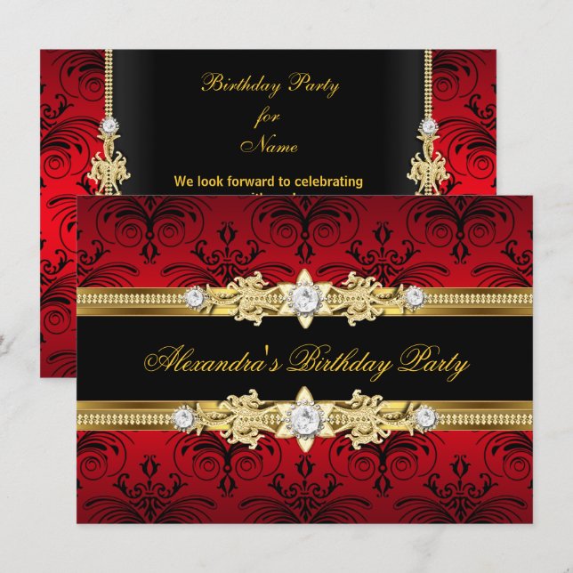 Convite Festa de aniversário Dourada Vermelha Floral Negra (Frente/Verso)
