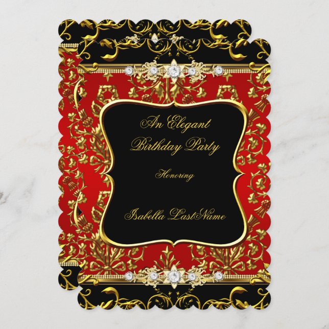 Convite Festa de aniversário Dourada Vermelha Negra- Elega (Frente/Verso)
