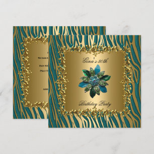 Convite Festa de Aniversário Dourado Azul Turquesa Floral