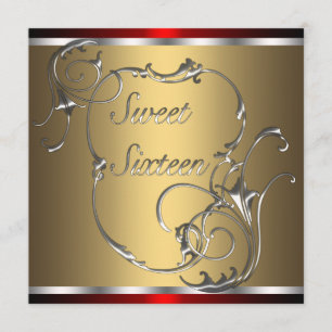 Convite Festa de aniversário Dourado de prata vermelha do