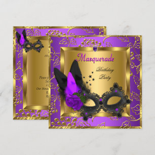 Convite Festa de Aniversário Dourado Roxo Preto Mascarada