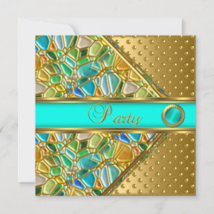 Convite Festa de Aniversário Dourado Teal Azul Mosaico Pon