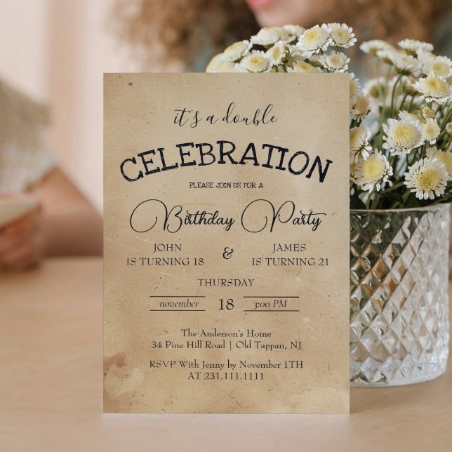 Convite Festa de aniversário dupla bege clássico (Criador carregado)