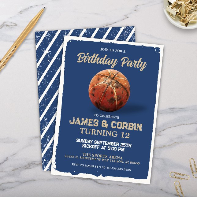 Convite Festa de aniversário Dupla do Tema de Basquete de  (Blue Basketball Theme Dual Double Birthday Parrty Invitation Boys Birthday Invites)