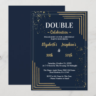 Convite Festa de Aniversário Dupla Elegante Navy Dourado