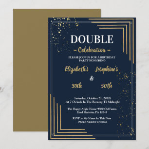 Convite Festa de Aniversário Dupla Elegante Navy Dourado