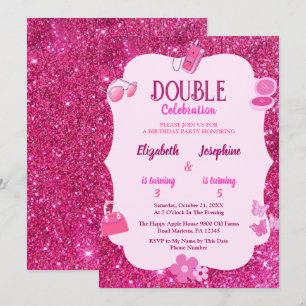 Convite Festa de Aniversário Duplo com Brilho Rosa para Me