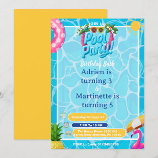 Convite Festa de Aniversário Duplo na Piscina Infantil