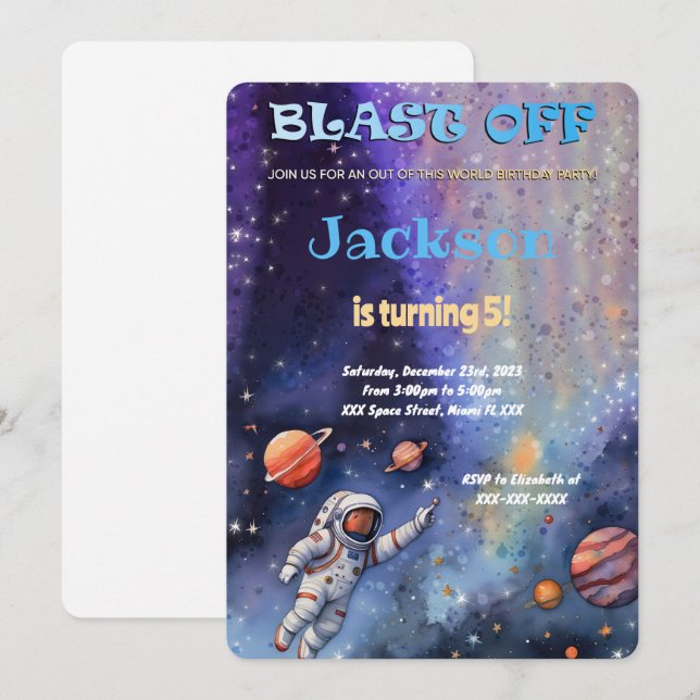 Convite Festa de Aniversário Editável no Espaço Sideral (Frente/Verso)