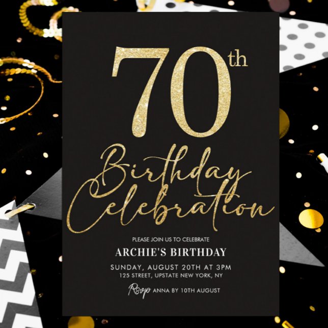 Convite Festa de aniversário Elegante 70 e brilho Dourado (70th birthday elegant black and gold glitter invitation template)