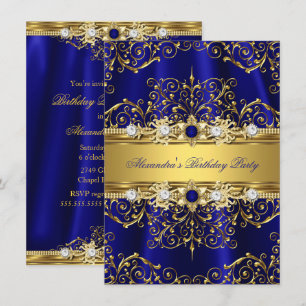 Convite Festa de Aniversário Elegante Azul Real e Dourado