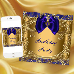 Convite Festa de Aniversário Elegante Azul Real e Dourado