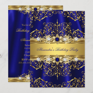 Convite Festa de Aniversário Elegante Azul Real e Dourado 