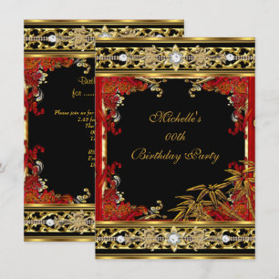 Convite Festa de Aniversário Elegante Bambu Dourado Asiáti