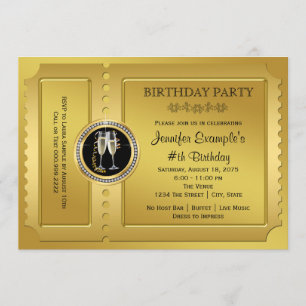 Convite Festa de Aniversário Elegante Bilhete Dourado