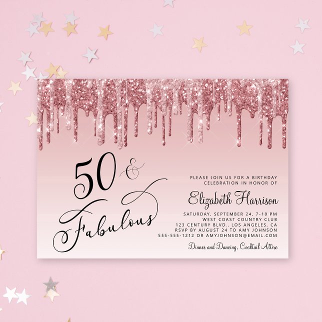 Convite Festa de aniversário Elegante, cor-de-rosa Dourada (Celebrate her 50 years of sparkle with an elegant pink glitter birthday party invitation  🎉 🎂 🥂)