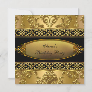 Convite Festa de Aniversário Elegante Damasco Dourado Pret