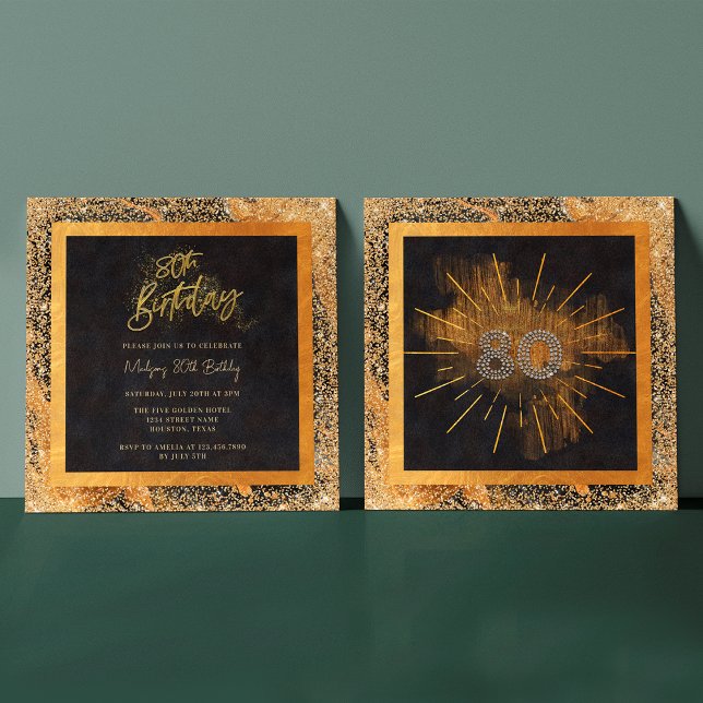 Convite Festa de aniversário Elegante de 80 preto e brilha (Front / Back)