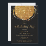 Convite Festa de aniversário Elegante Dourada do Círculo L<br><div class="desc">Um círculo de abstrato de folha de ouro falso com linhas radiantes,  sobre fundo preto,  com uma espiral de brilho. Sofisticado e glamouroso. Um convite para a 60ª festa de aniversário. Solicite-o em impressão,  em formato digital,  ou impressão e digital. Personalize para qualquer idade!</div>