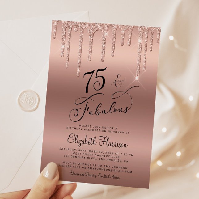Convite Festa de aniversário Elegante Dourada Glitter 75th (Celebrate her 50 years of sparkle with an elegant rose gold glitter birthday party invitation  🎉 🎂)