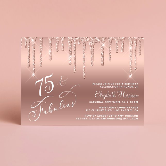 Convite Festa de aniversário Elegante Dourada Glitter 75th (Celebrate her 75 years of sparkle with an elegant rose gold glitter birthday party invitation  🎉 🎂)