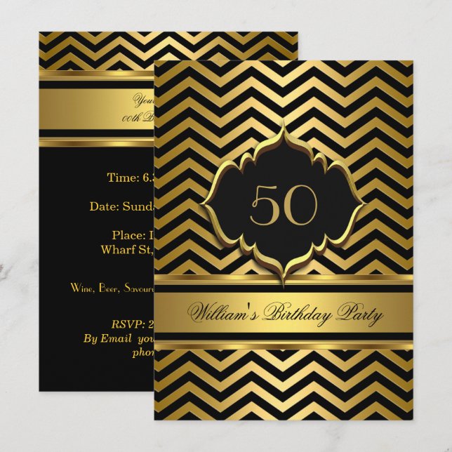 Convite Festa de Aniversário Elegante Dourado com Chevron  (Frente/Verso)