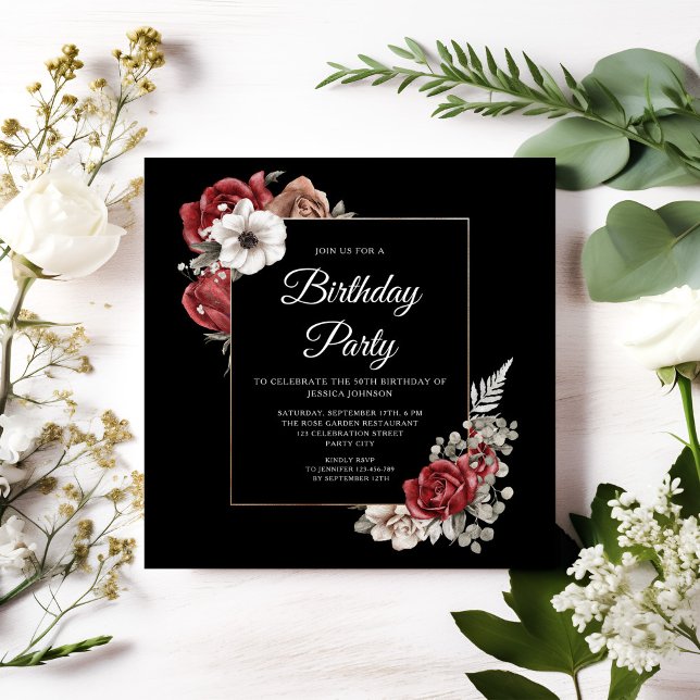 Convite Festa de Aniversário Elegante Flores Vermelhas Ros (Elegant Floral Red Roses Gold Birthday Party Invitation)