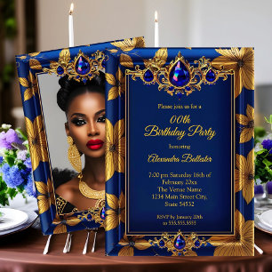 Convite Festa de Aniversário Elegante Foto Azul Dourado Da