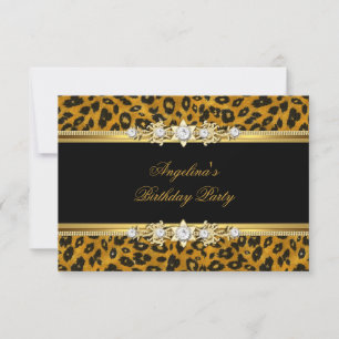 Convite Festa de Aniversário Elegante Leopardo Preto Doura