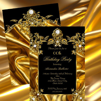 Convite Festa de Aniversário Elegante Ouro Seda Preto diam