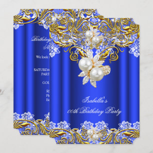 Convite Festa de Aniversário Elegante Pérola Dourada Azul