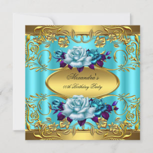 Convite Festa de Aniversário Elite Rosas Azul Turquesa Dou