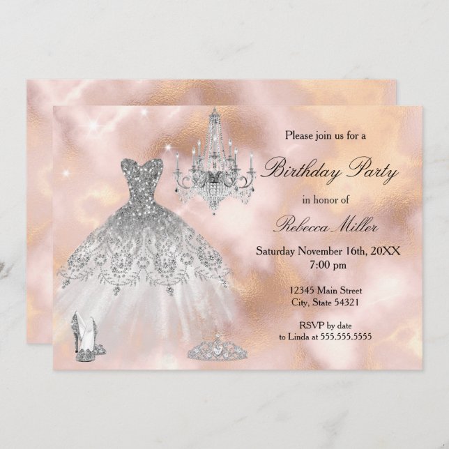 Convite Festa de aniversário Escuro bege Rosa Mármore Bran (Frente/Verso)