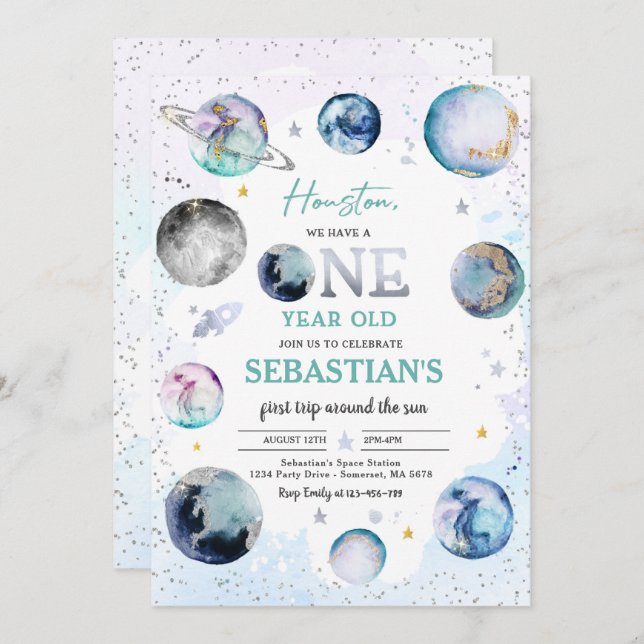 Convite Festa de aniversário Espacial Primeira Viagem Em T (Frente/Verso)