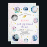 Convite Festa de aniversário Espacial Primeira Viagem Em T<br><div class="desc">Festa de aniversário espacial Primeira viagem em torno do convite Sun Todas as designs são © PIXEL PERFECTION PARTY LTD</div>