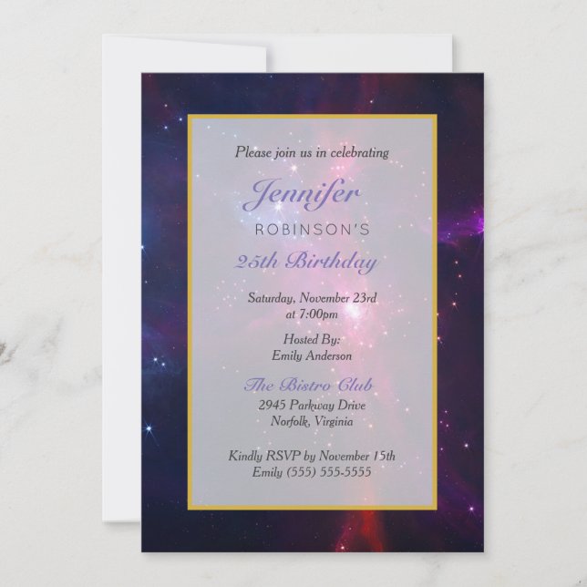 Convite Festa de Aniversário Espaço Cósmico Estrelas e Neb (Frente)