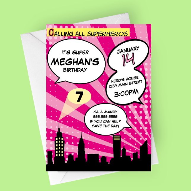 Convite Festa de aniversário Estimulada de BD Pink Superhe (Pink Comic Book Superheros Birthday Party Invitation)