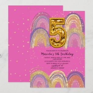 Convite Festa de Aniversário estrelas rosa e dourado aquar