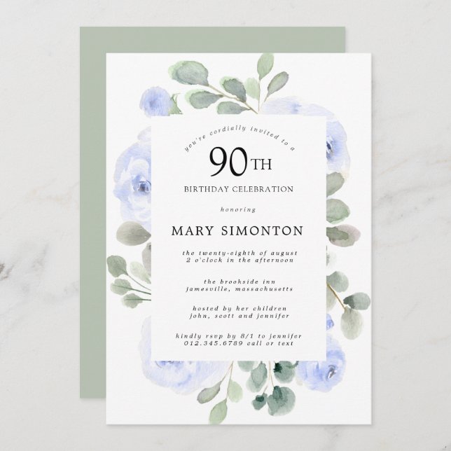 Convite Festa de aniversário Eucalipto Floral Rosa azul (Frente/Verso)