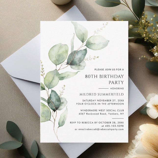 Convite Festa de aniversário Eucalyptus Elegante (80th Birthday Party Sage Green Eucalyptus Block Stem Invitation)