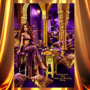Convite Festa de Aniversário Exótico Roxo Dourado com Tema