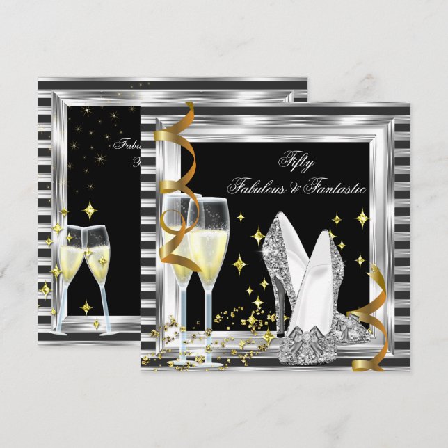 Convite Festa de aniversário Fabulosa 50 Black Silver Stri (Frente/Verso)
