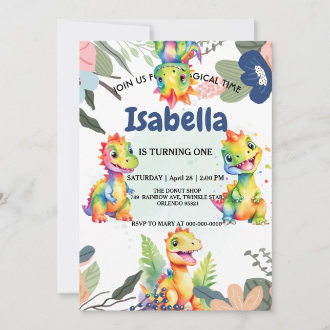 Convite Festa de Aniversário Feliz do Dinossauro Floral (Frente)