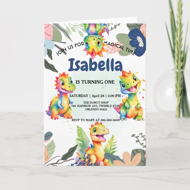 Convite Festa de Aniversário Feliz do Dinossauro Floral (Frente)
