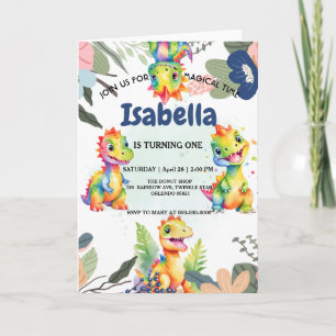 Convite Festa de Aniversário Feliz do Dinossauro Floral