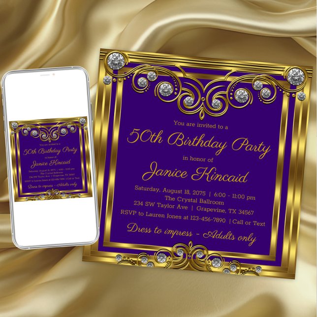 Convite Festa de Aniversário Feminina em Roxo e Dourado co (Womans purple gold any number birthday invitation. Download and printed invitations available.)